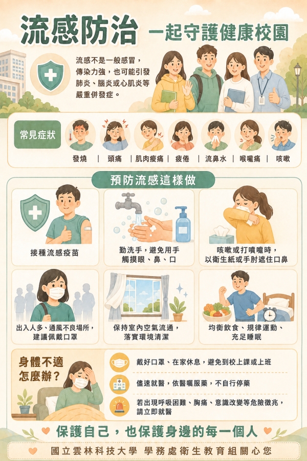 【防疫公告】為維護全校師生健康，請共同落實流感防疫措施及「生病不上課」原則